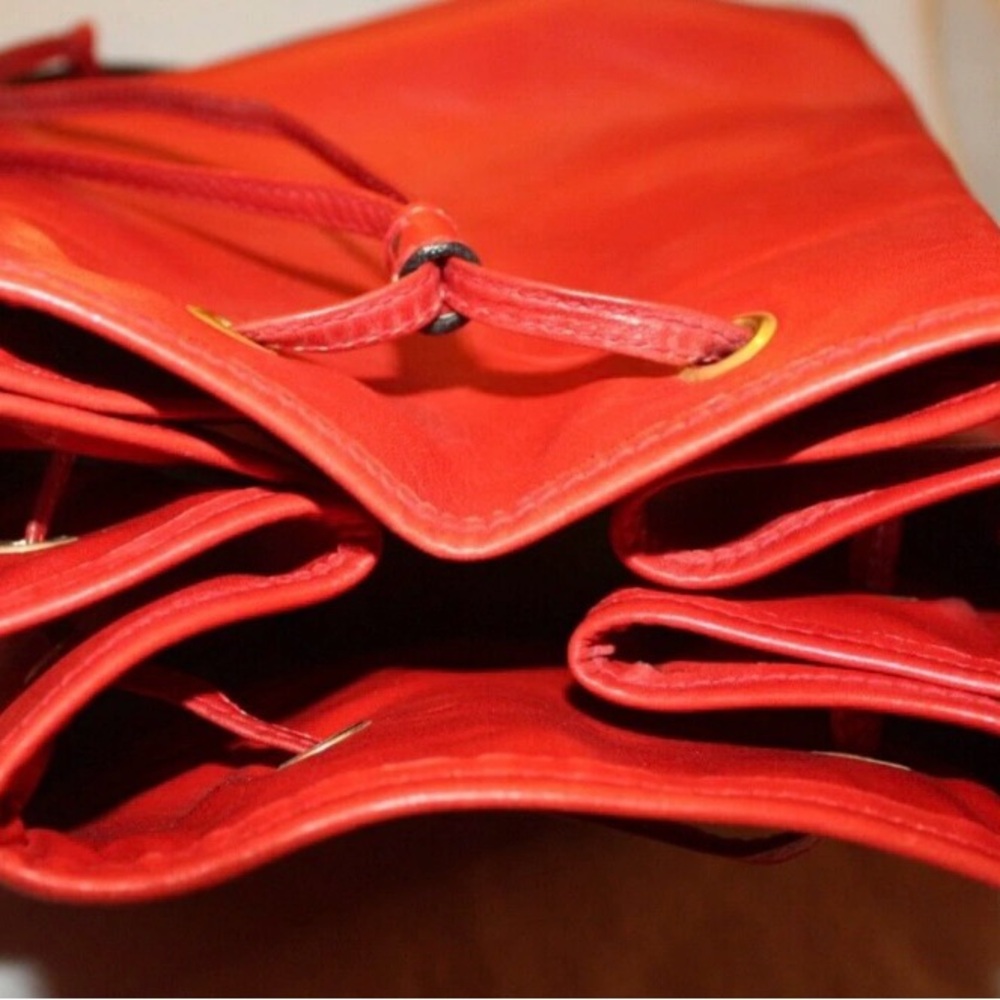 Red Leather Drawstring Bucket Bag - Picture 3 of 9